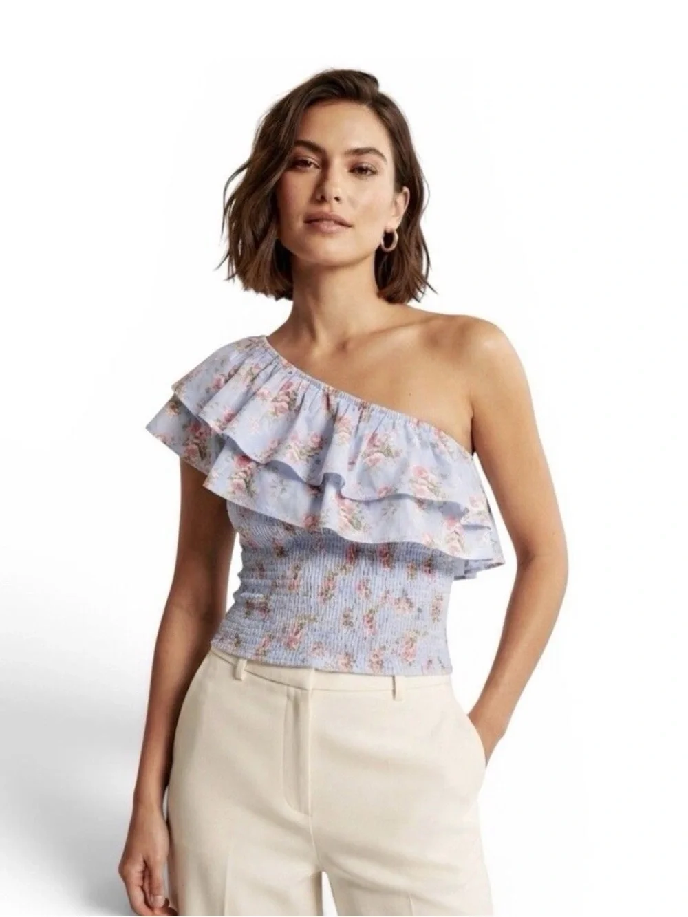 Abercrombie & Fitch Floral One Shoulder Ruffle Smocked Crop Top Blue XXS